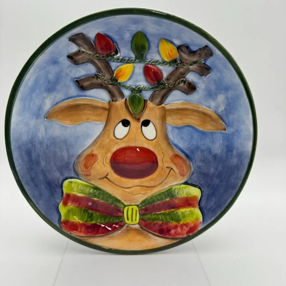 Vintage 2003 Clay Art Reindeer Ceramic Dinner Plate Hand Painted Christmas 10in
